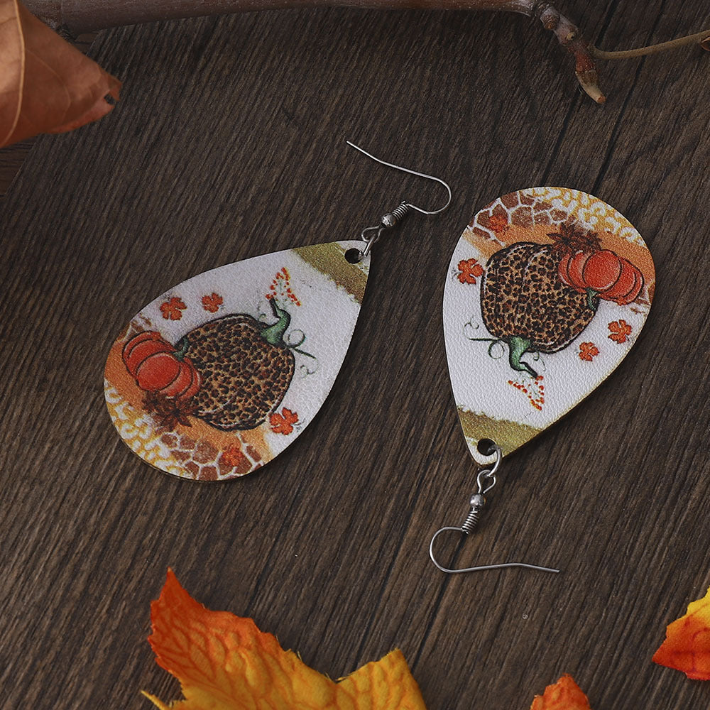 Thanksgiving Leopard Pumpkin Maple Leaf Double-sided Water Drop PU Leather Earrings