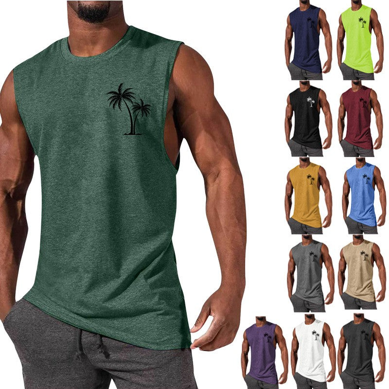 Coconut Tree Embroidery Vest Summer Beach Tank Tops Workout Muscle Men Sports Fitness T-shirt - More bang for your bucks