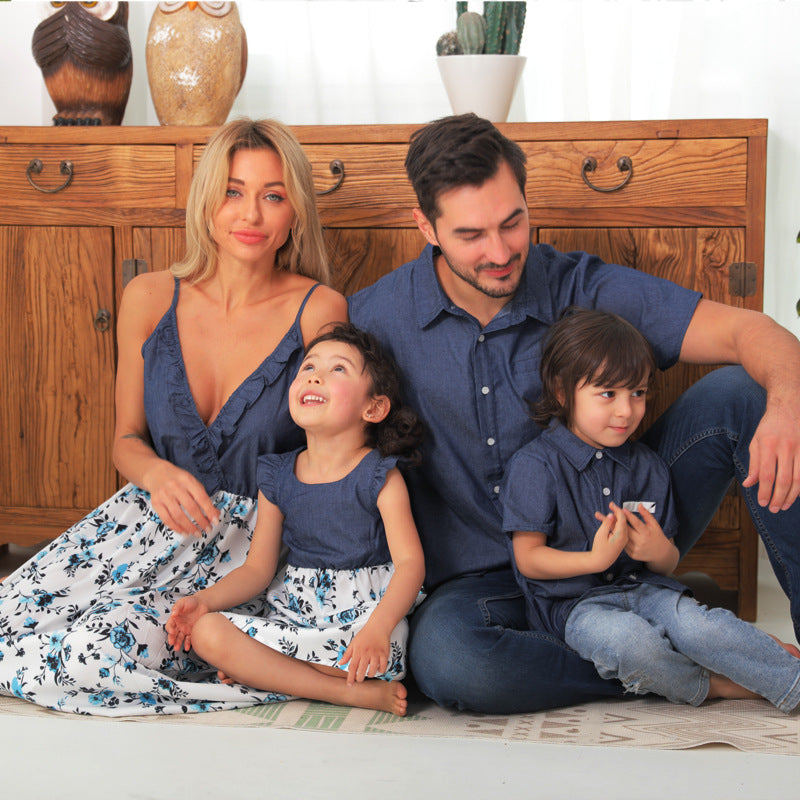 Family Matching Family Denim Sling Skirt Baby Girl Mom Dad Boy Boy Shirt Parent-Child - More bang for your bucks