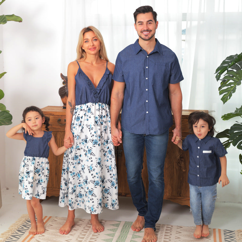 Family Matching Family Denim Sling Skirt Baby Girl Mom Dad Boy Boy Shirt Parent-Child - More bang for your bucks