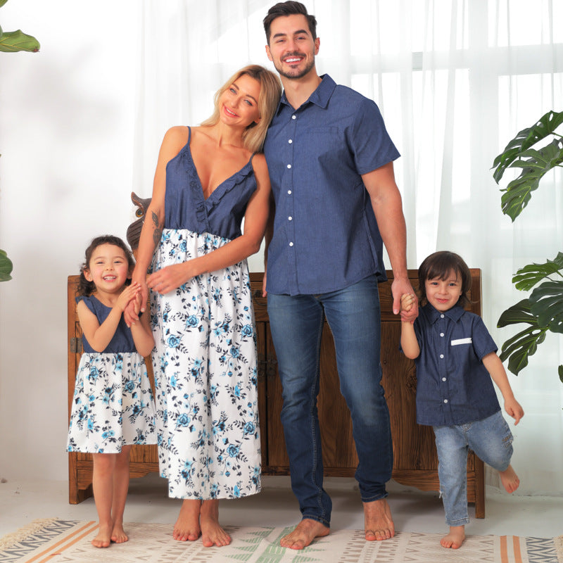 Family Matching Family Denim Sling Skirt Baby Girl Mom Dad Boy Boy Shirt Parent-Child - More bang for your bucks