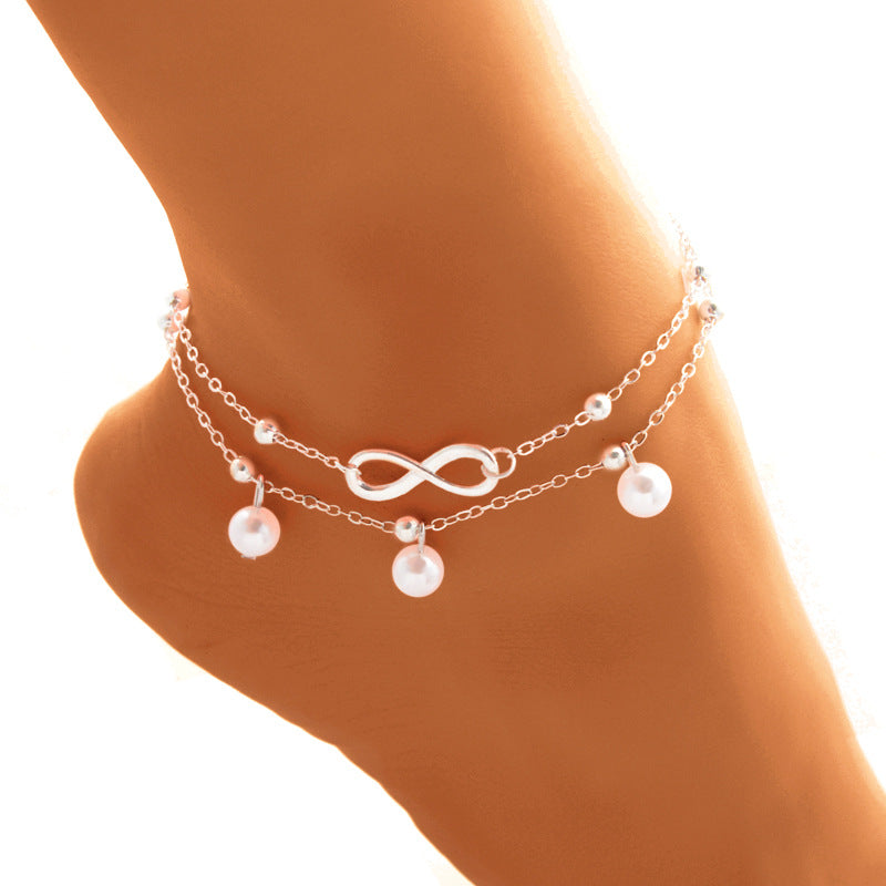 Women's Alloy Anklet With 8-shaped Double-layer Pearls - More bang for your bucks