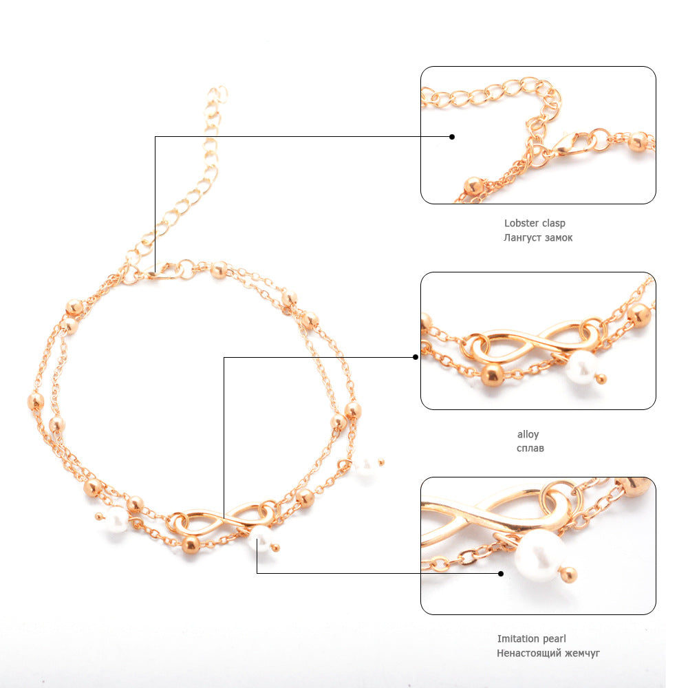 Women's Alloy Anklet With 8-shaped Double-layer Pearls - More bang for your bucks