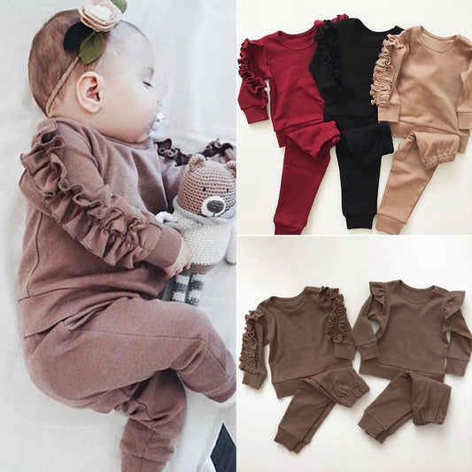 Newborn Baby Boys Girls Ruffles Jumper Solid Long Sleeve Sweatshirt Tops Pants Infant Kids 2Pcs Outfits Clothes Set Fall Clothes - More bang for your bucks