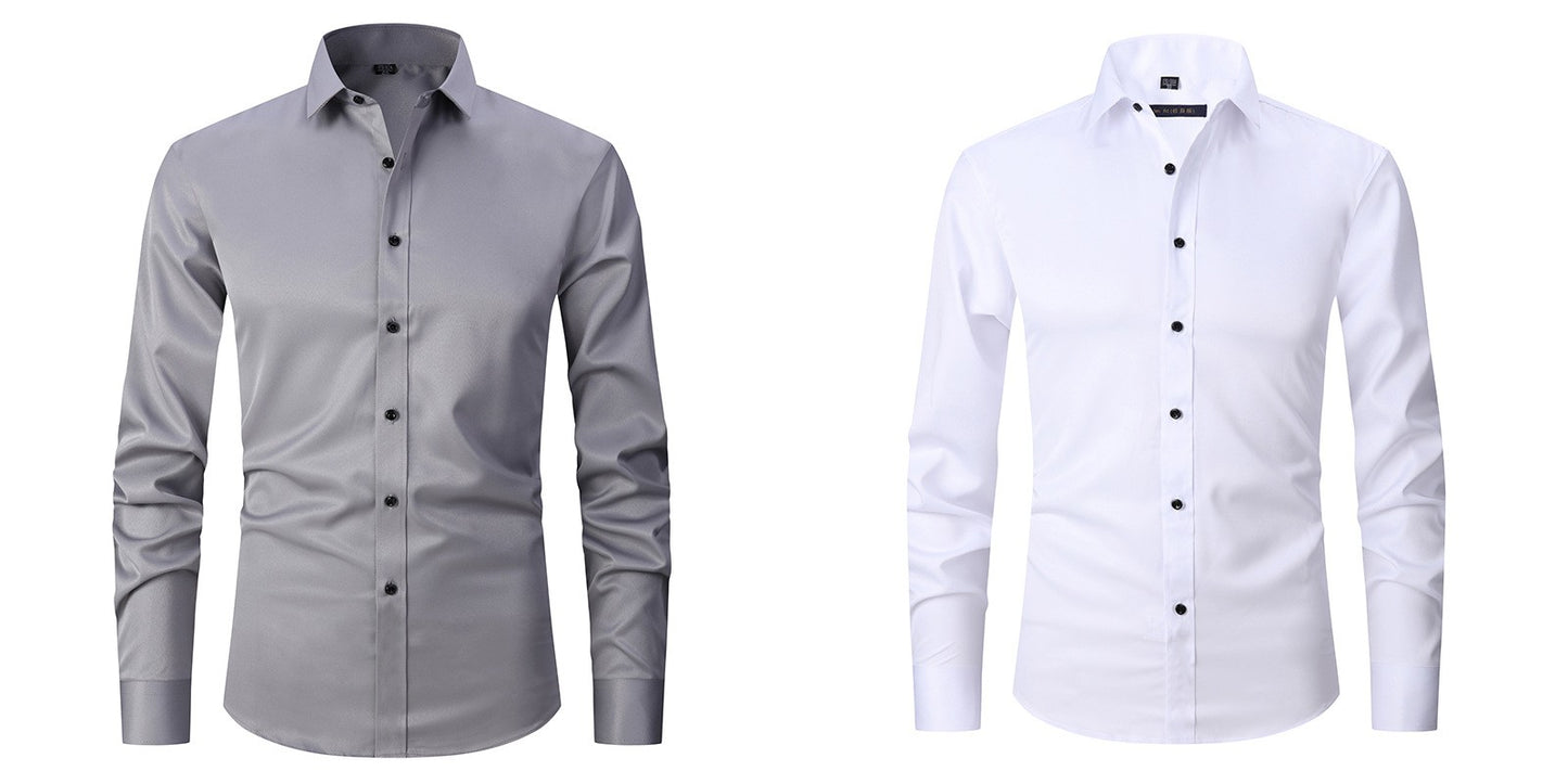 Men's Long-sleeved Fashion Shirt Top Slim Solid Color Stretch Shirt