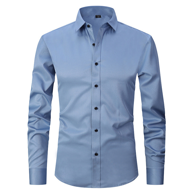 Men's Long-sleeved Fashion Shirt Top Slim Solid Color Stretch Shirt