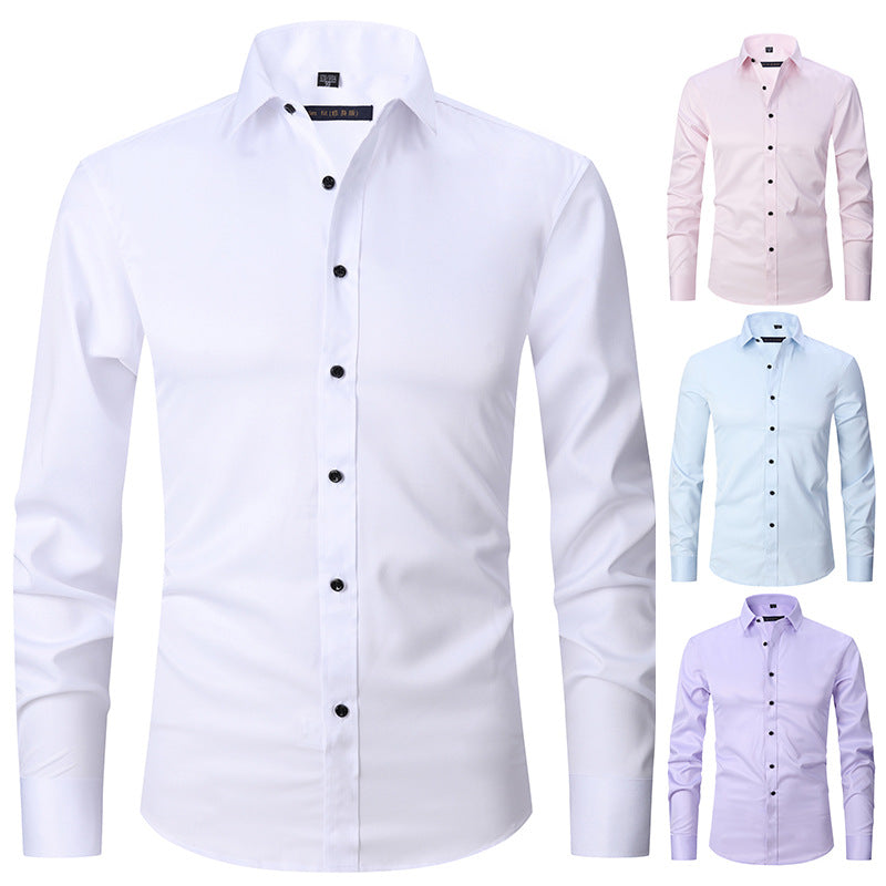 Men's Long-sleeved Fashion Shirt Top Slim Solid Color Stretch Shirt