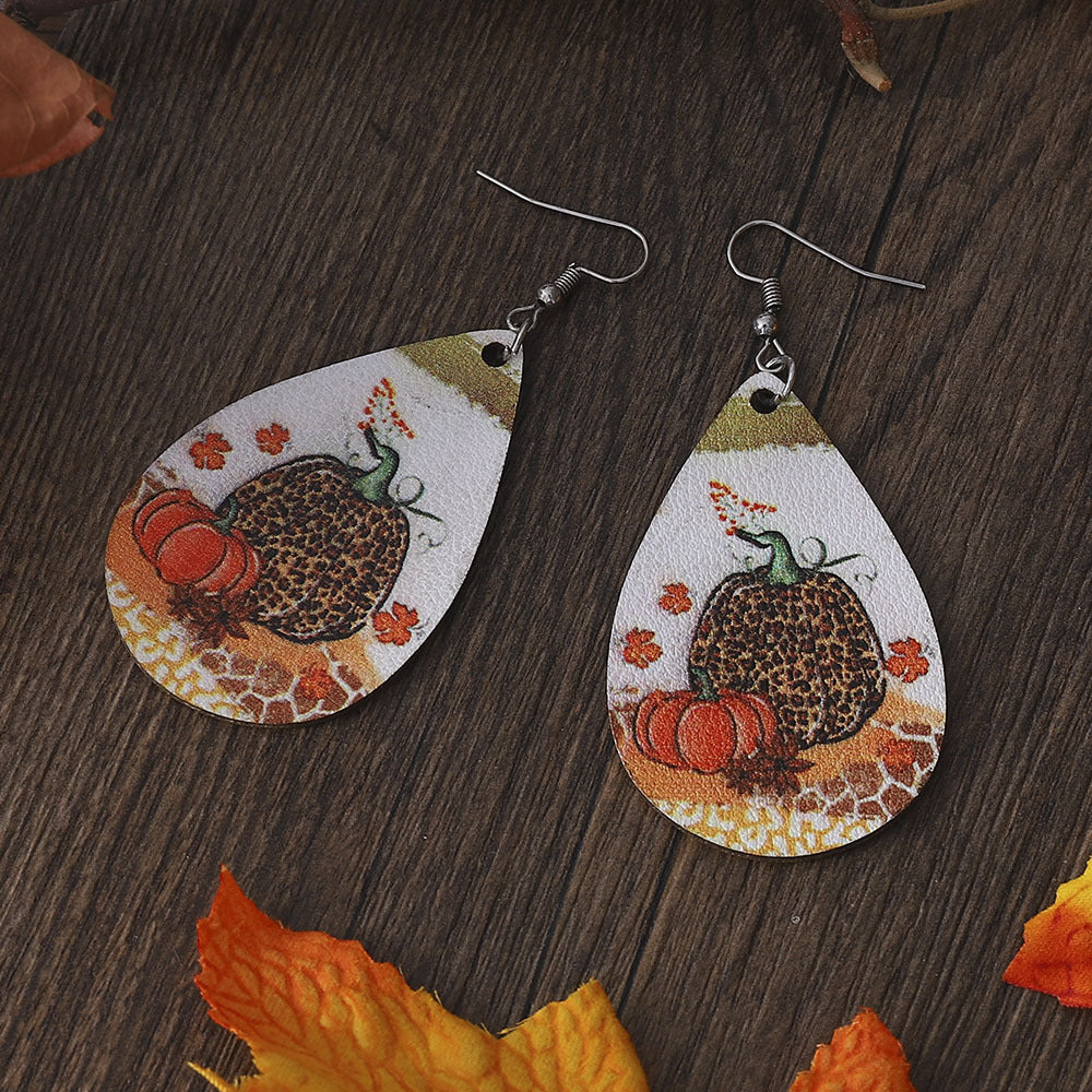 Thanksgiving Leopard Pumpkin Maple Leaf Double-sided Water Drop PU Leather Earrings