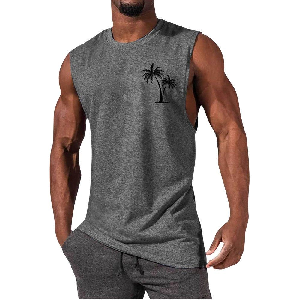 Coconut Tree Embroidery Vest Summer Beach Tank Tops Workout Muscle Men Sports Fitness T-shirt - More bang for your bucks