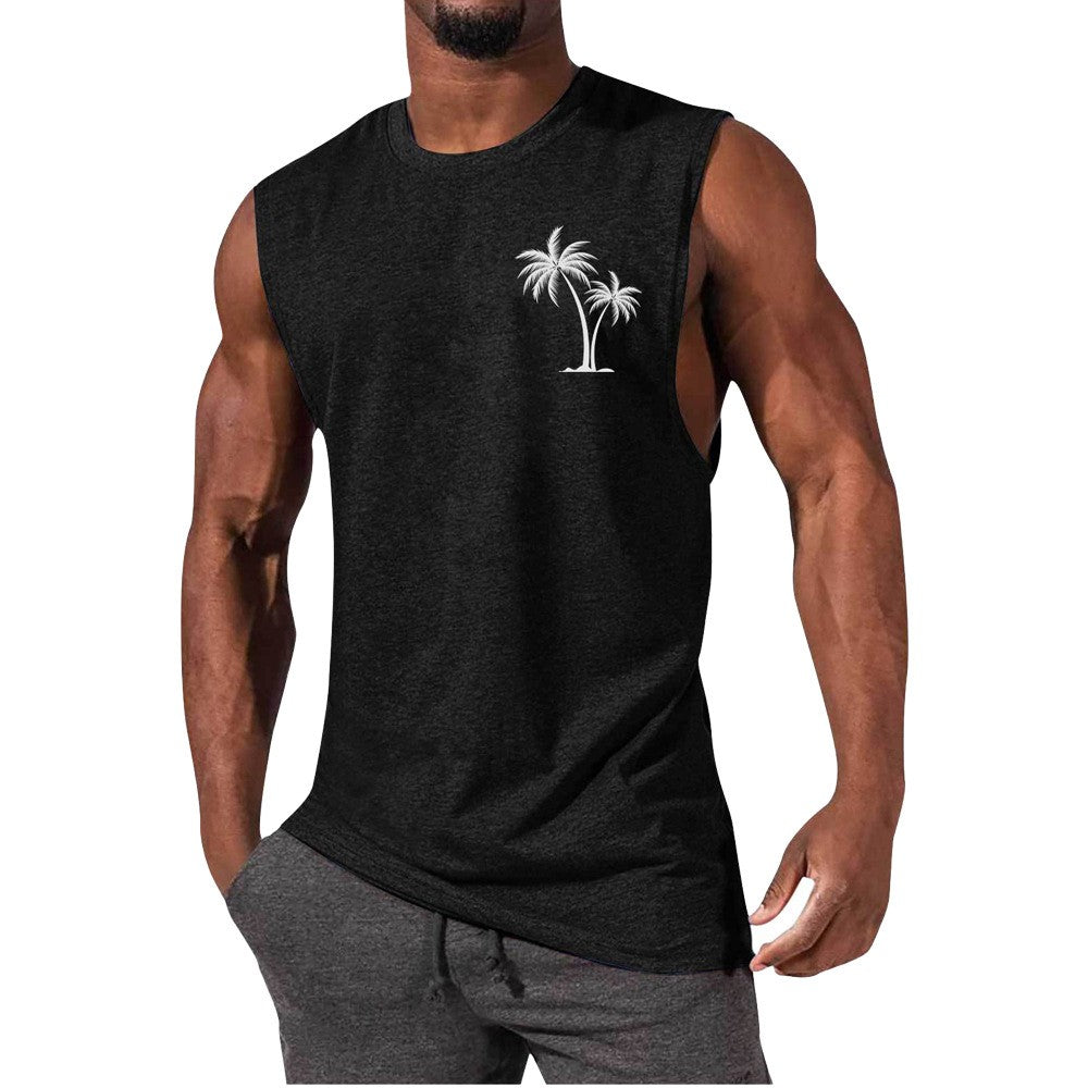 Coconut Tree Embroidery Vest Summer Beach Tank Tops Workout Muscle Men Sports Fitness T-shirt - More bang for your bucks