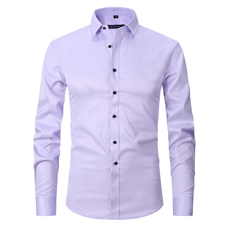 Men's Long-sleeved Fashion Shirt Top Slim Solid Color Stretch Shirt