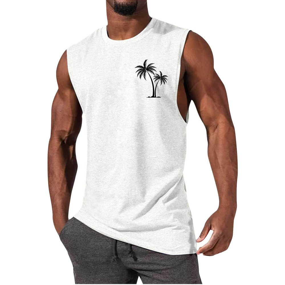 Coconut Tree Embroidery Vest Summer Beach Tank Tops Workout Muscle Men Sports Fitness T-shirt - More bang for your bucks