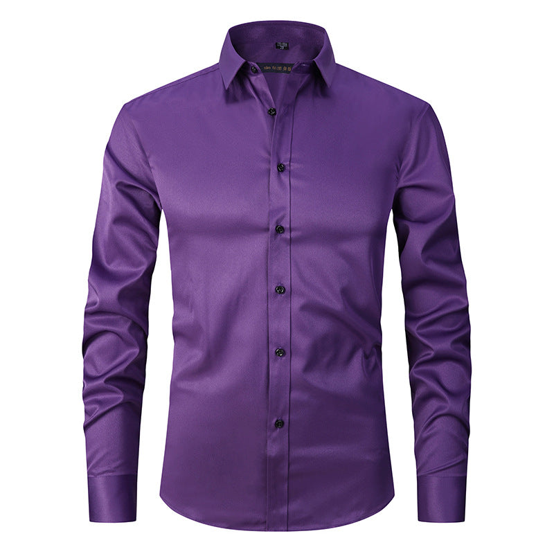 Men's Long-sleeved Fashion Shirt Top Slim Solid Color Stretch Shirt