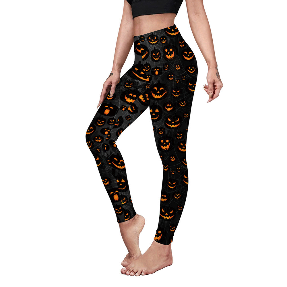 Women's Fashion Casual Pumpkin Spider Web Printed Slim Elastic Yoga Pants