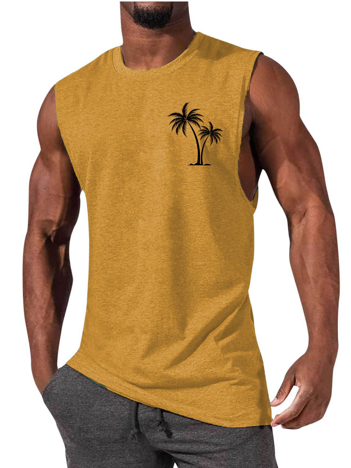 Coconut Tree Embroidery Vest Summer Beach Tank Tops Workout Muscle Men Sports Fitness T-shirt - More bang for your bucks