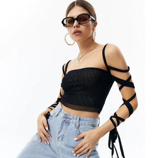2023 New Style Womens Elastic Cross Arm Solid Color Straps Tank Top Casual Summer Ladies Slim Top - More bang for your bucks