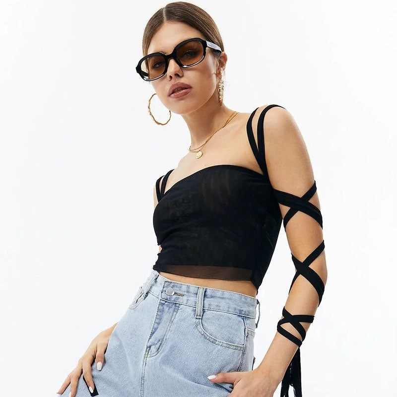 2023 New Style Womens Elastic Cross Arm Solid Color Straps Tank Top Casual Summer Ladies Slim Top - More bang for your bucks