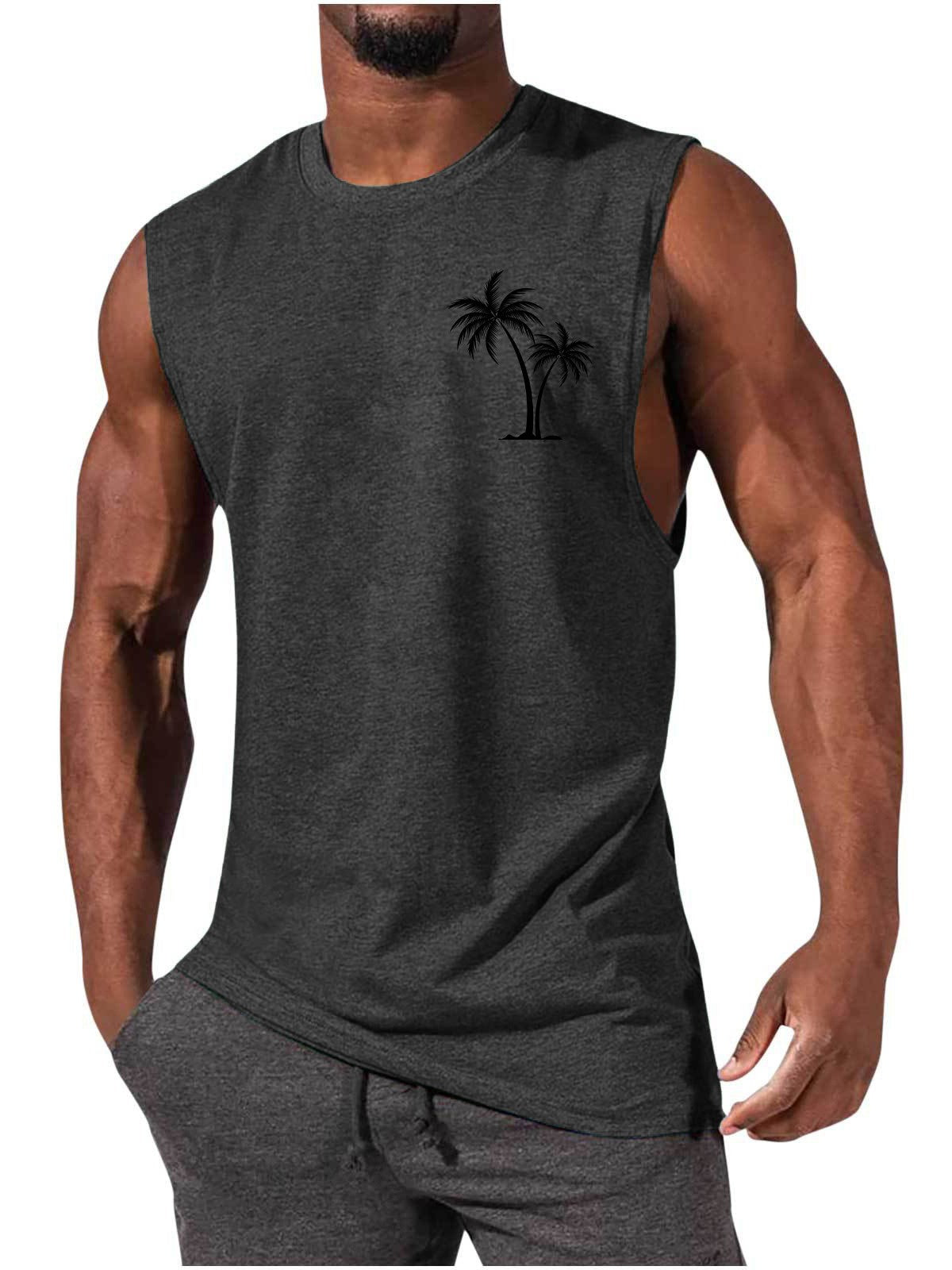 Coconut Tree Embroidery Vest Summer Beach Tank Tops Workout Muscle Men Sports Fitness T-shirt - More bang for your bucks