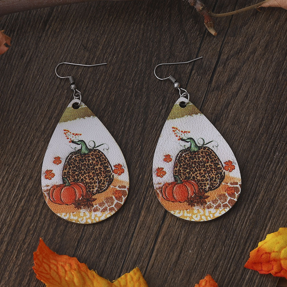 Thanksgiving Leopard Pumpkin Maple Leaf Double-sided Water Drop PU Leather Earrings